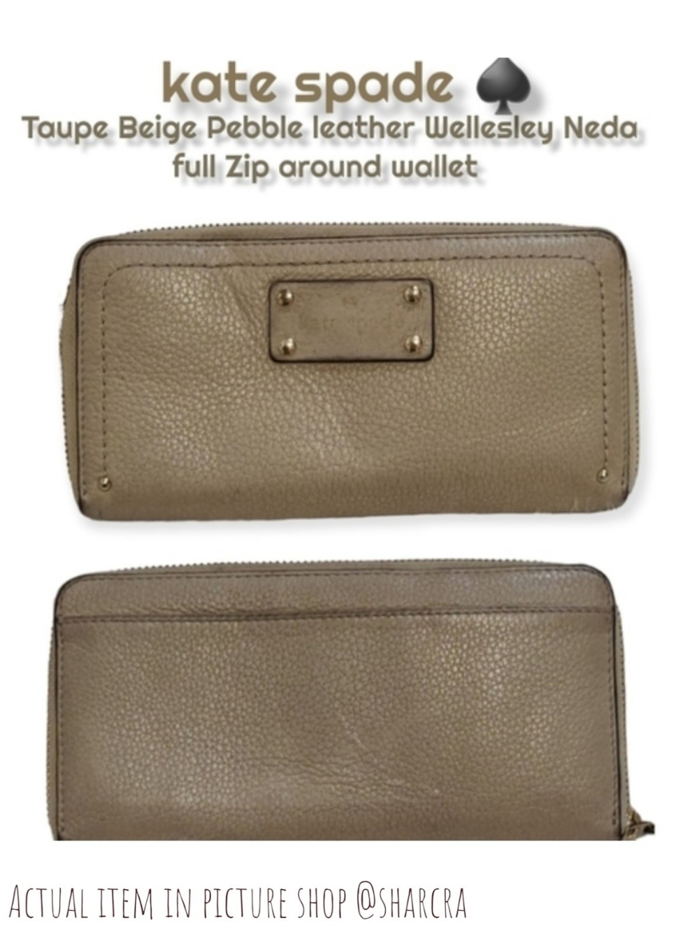 Kate Spade Wellesley Neda full Zip around large wallet Taupe Beige leather